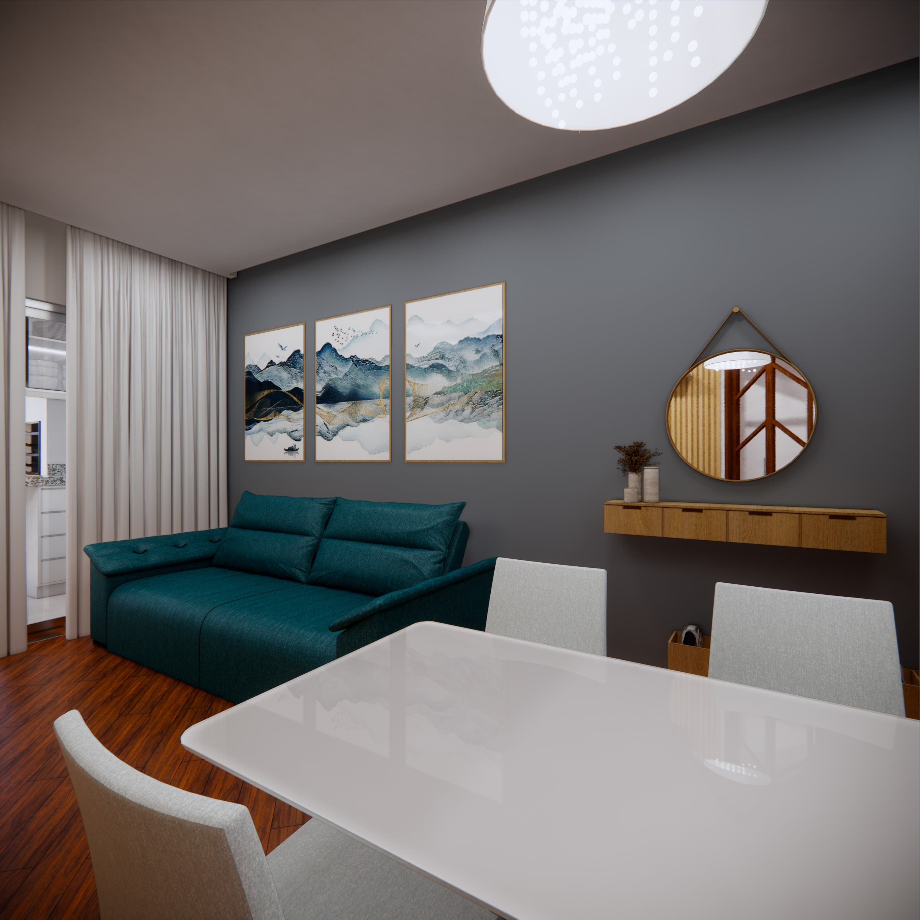 Living integrado com painel em madeira, sofá contemporâneo e iluminação pontual