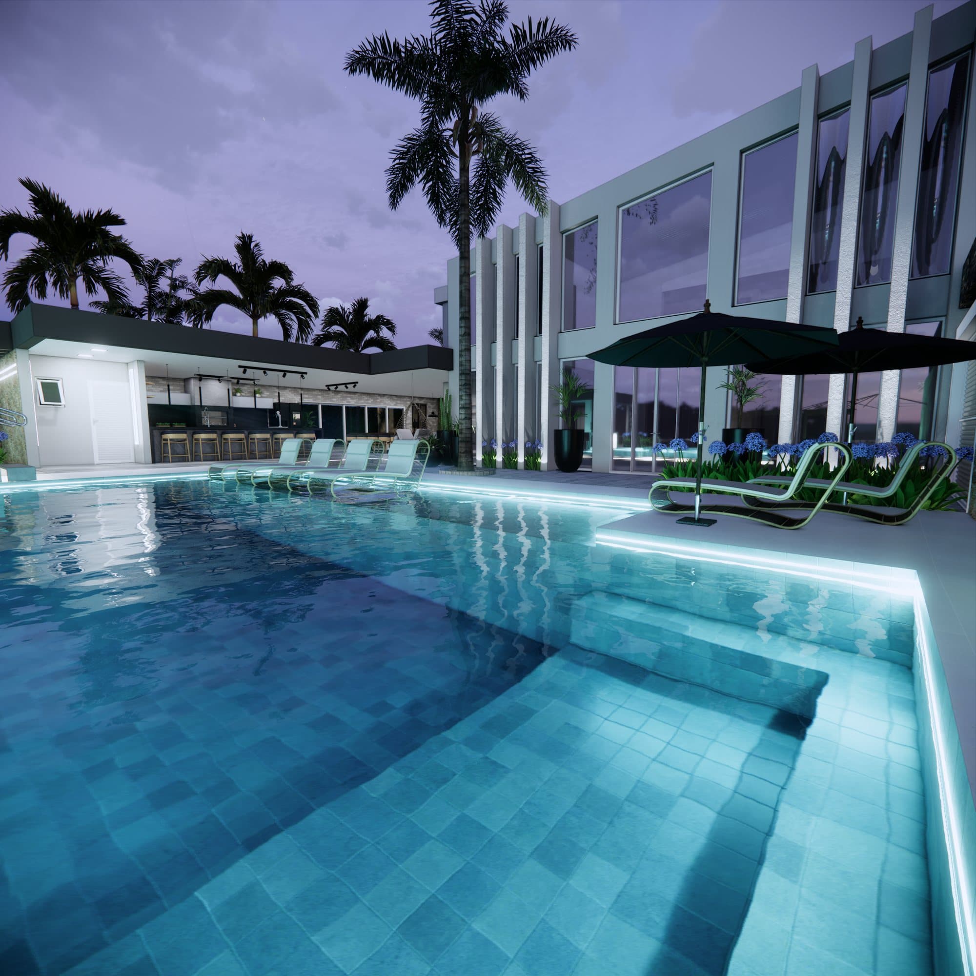 Piscina iluminada da Casa Riviera ao anoitecer