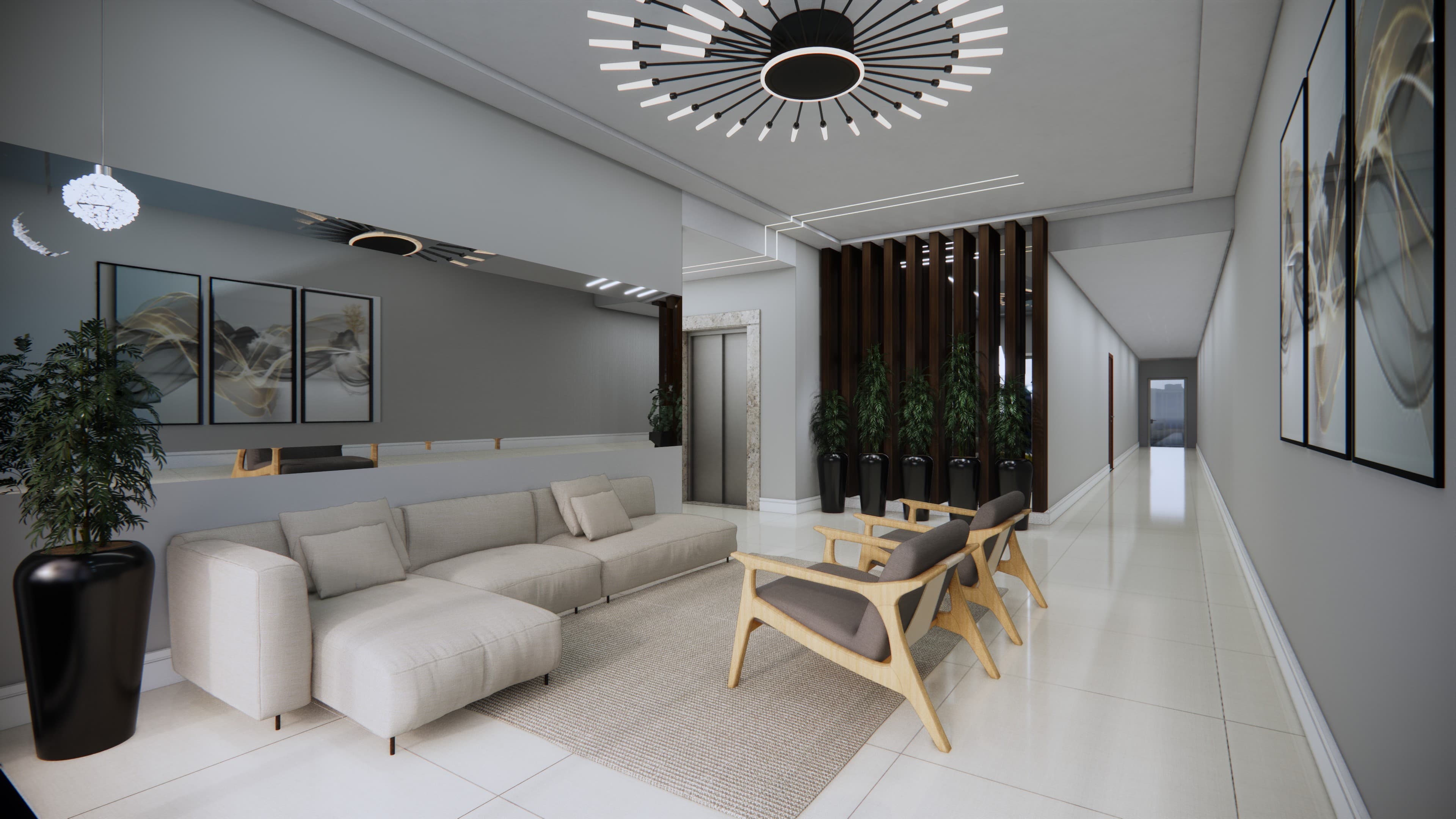 Renderização e visualização 3D realista de hall social - Edifício Quartier